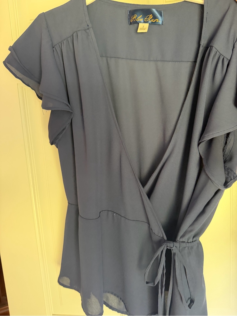 Blue Rain Navy Wrap Blouse with Flutter Sleeves